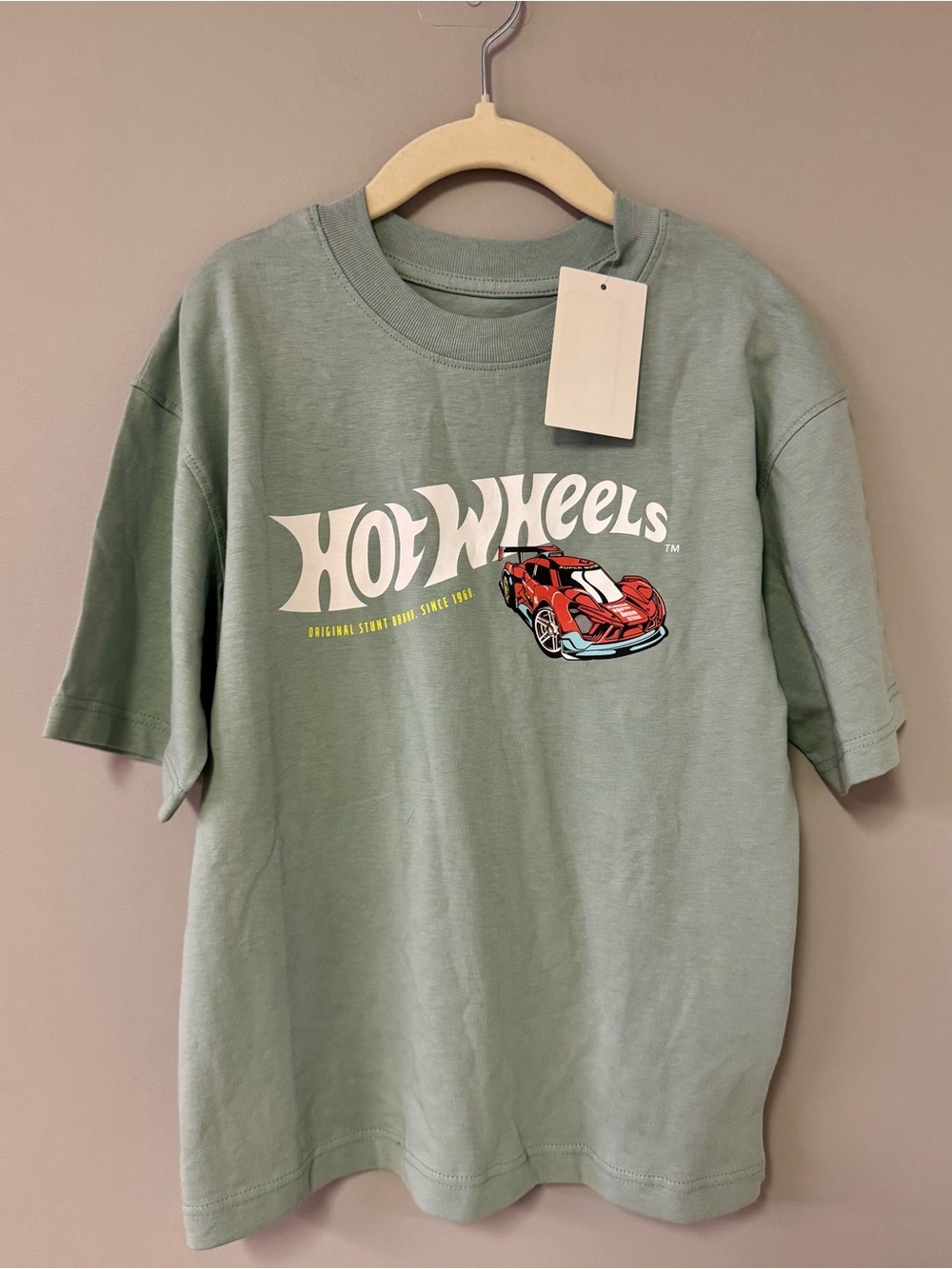 H&M Sage Green Hot Wheels Tee with Red Car Graphic